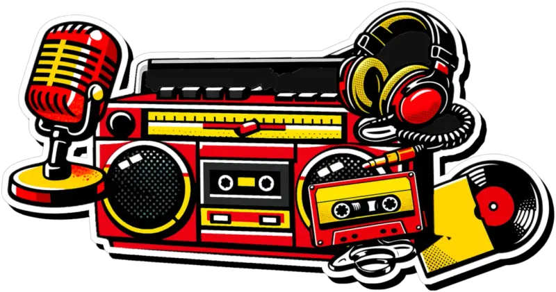 Ilustración: radiocasete, micrófono, auriculares, casete y vinilo de la CCF