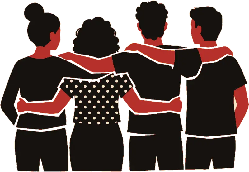 Cuatro amigos de la comunidad, abrazados, como en el cartel de El Encuentro