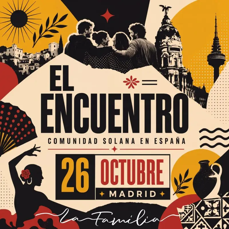 Cartel de El Encuentro: collage con sol, edificios de Madrid, una bailaora y la fecha, 26 de octubre, Madrid